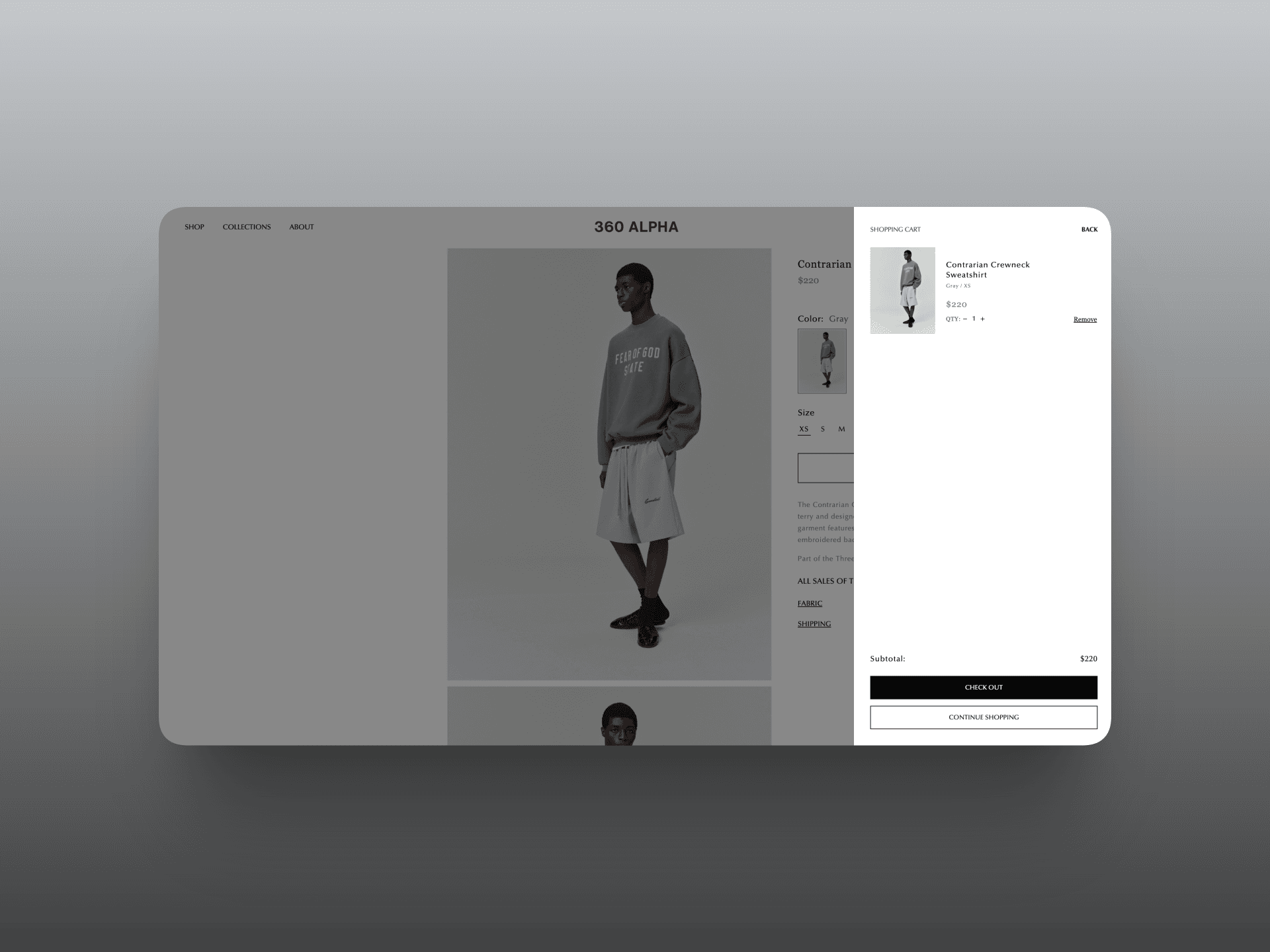 360 Alpha cart drawer showing a selected garment, colour, size, quantity, subtotal, and checkout button