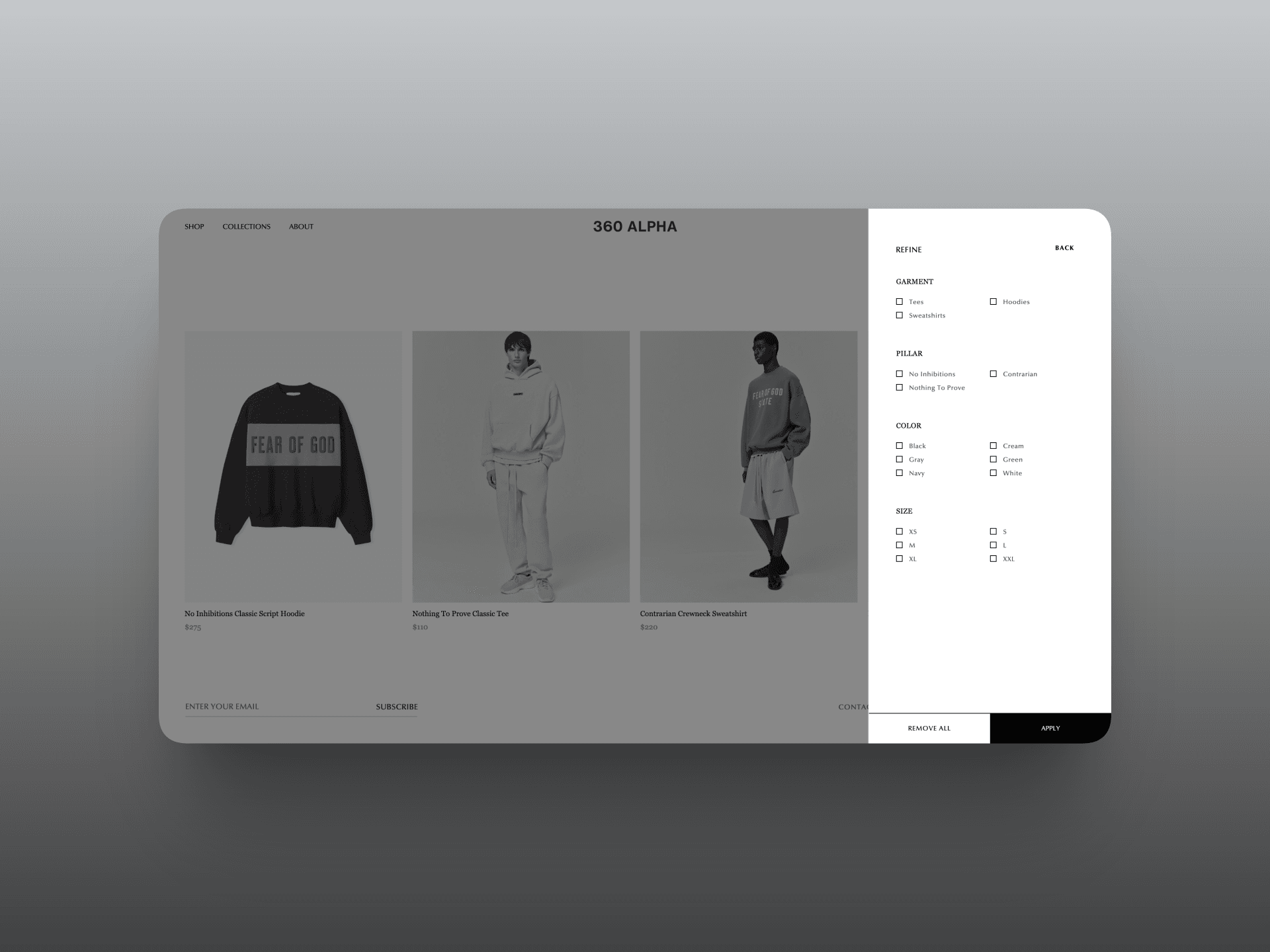 360 Alpha collection page with a product grid and filter drawer for garment, pillar, colour, and size