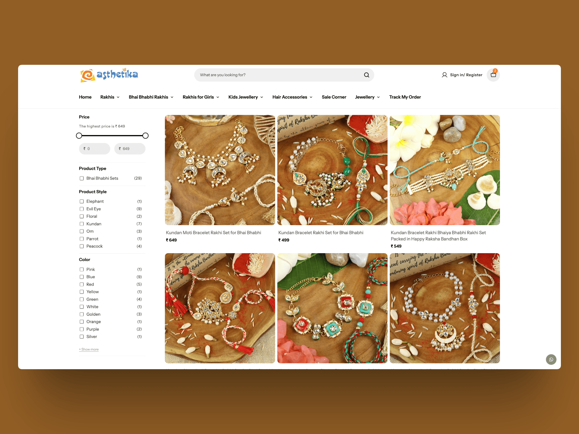 Aesthetika Bhai Bhabhi collection with product cards and price, type, style, and colour filters