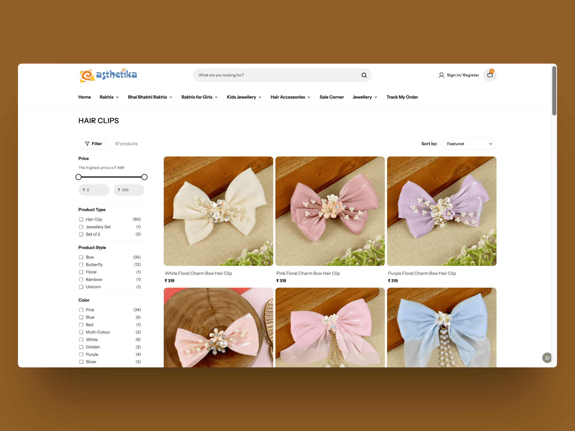 Aesthetika hair clips collection with product count, sorting, and price, style, type, and colour filters