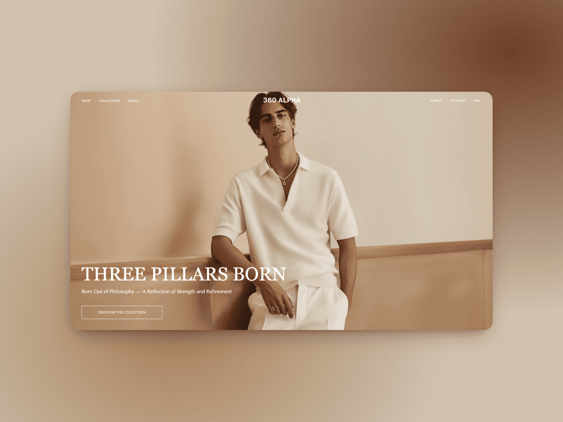 360 Alpha homepage with campaign photography, centred wordmark, and Discover the Collection link
