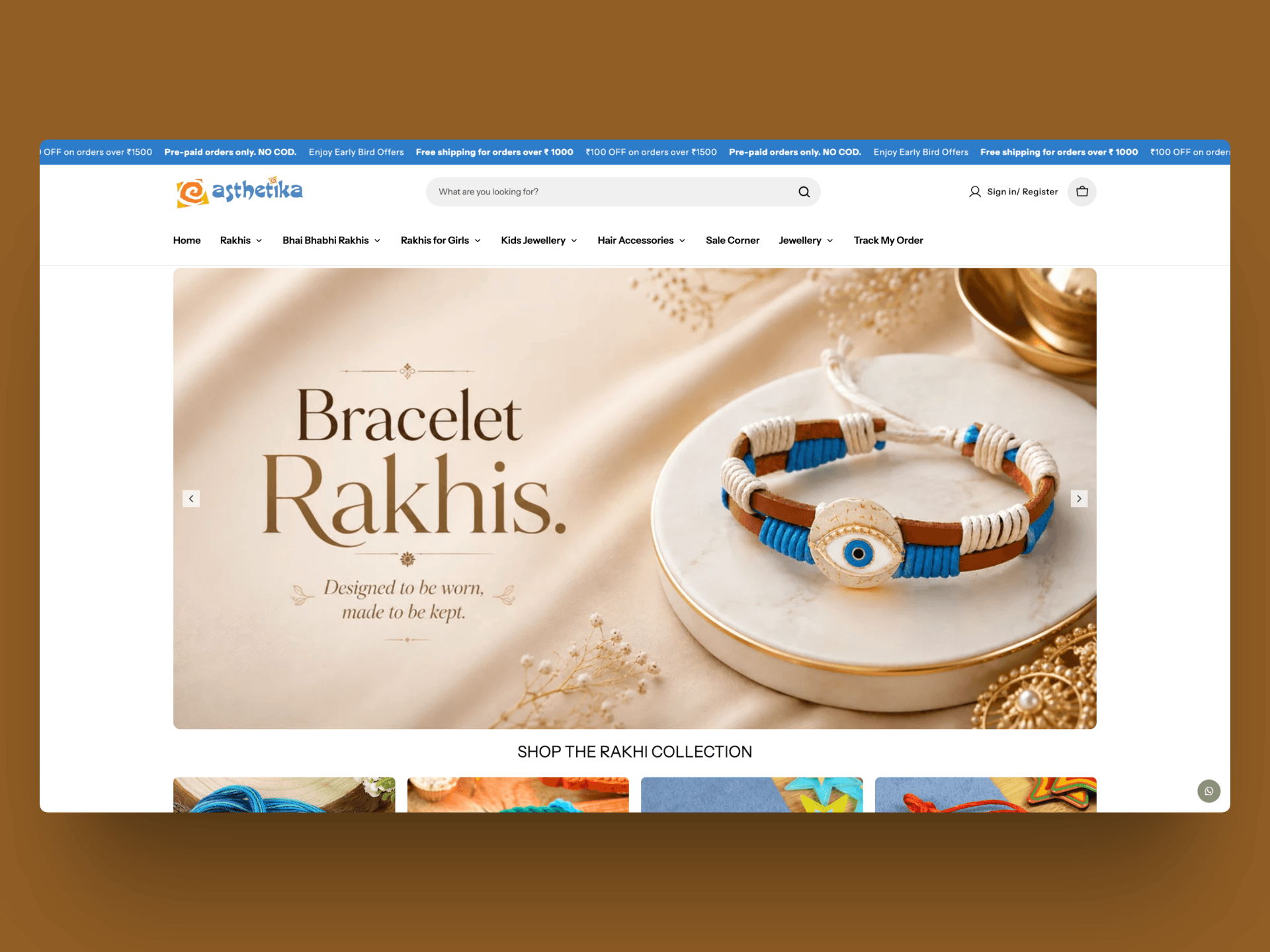 Aesthetika Shopify homepage with a bracelet rakhi banner, search, and product category navigation