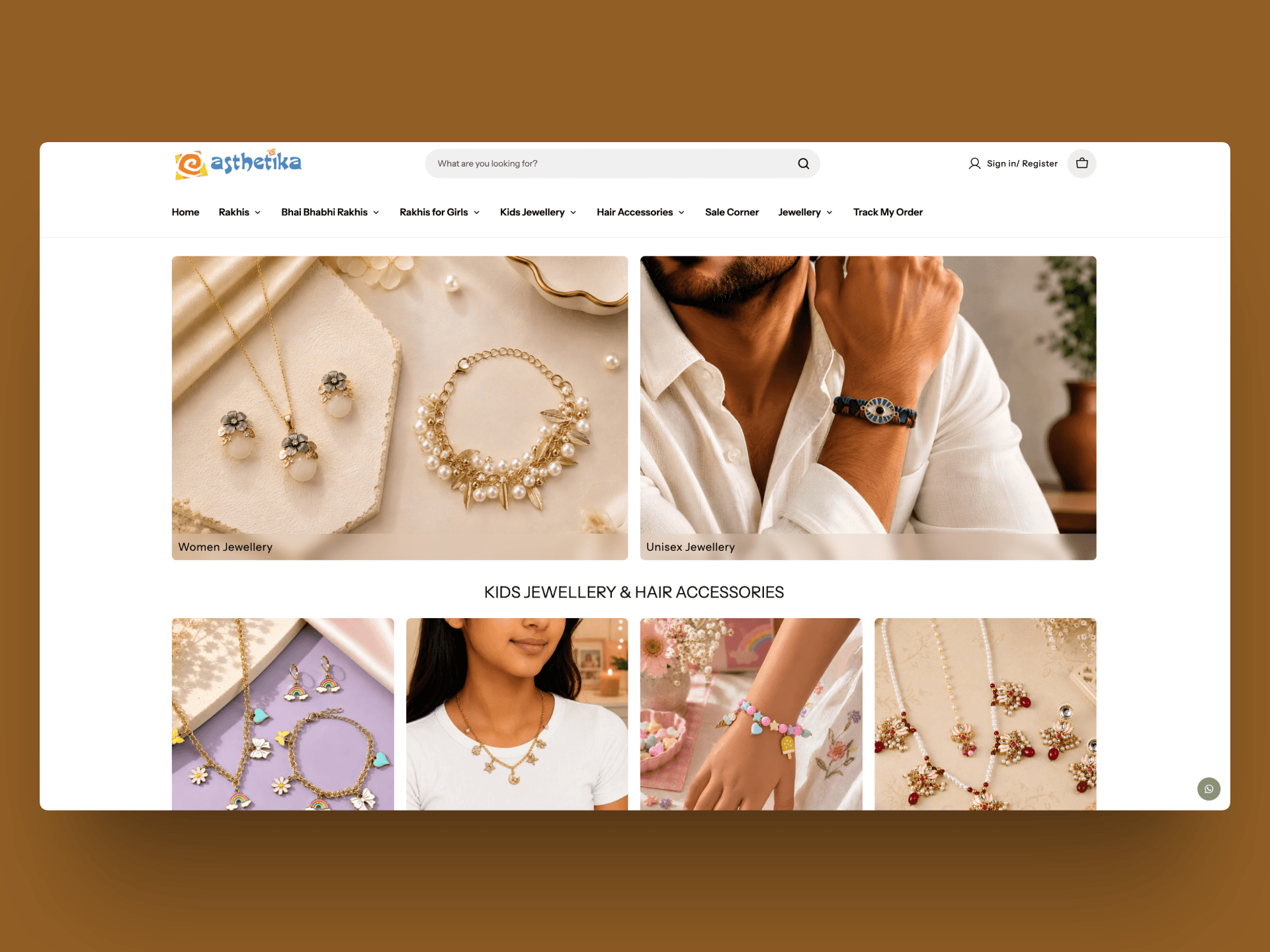 Aesthetika homepage sections for women's jewellery, unisex jewellery, kids jewellery, and hair accessories