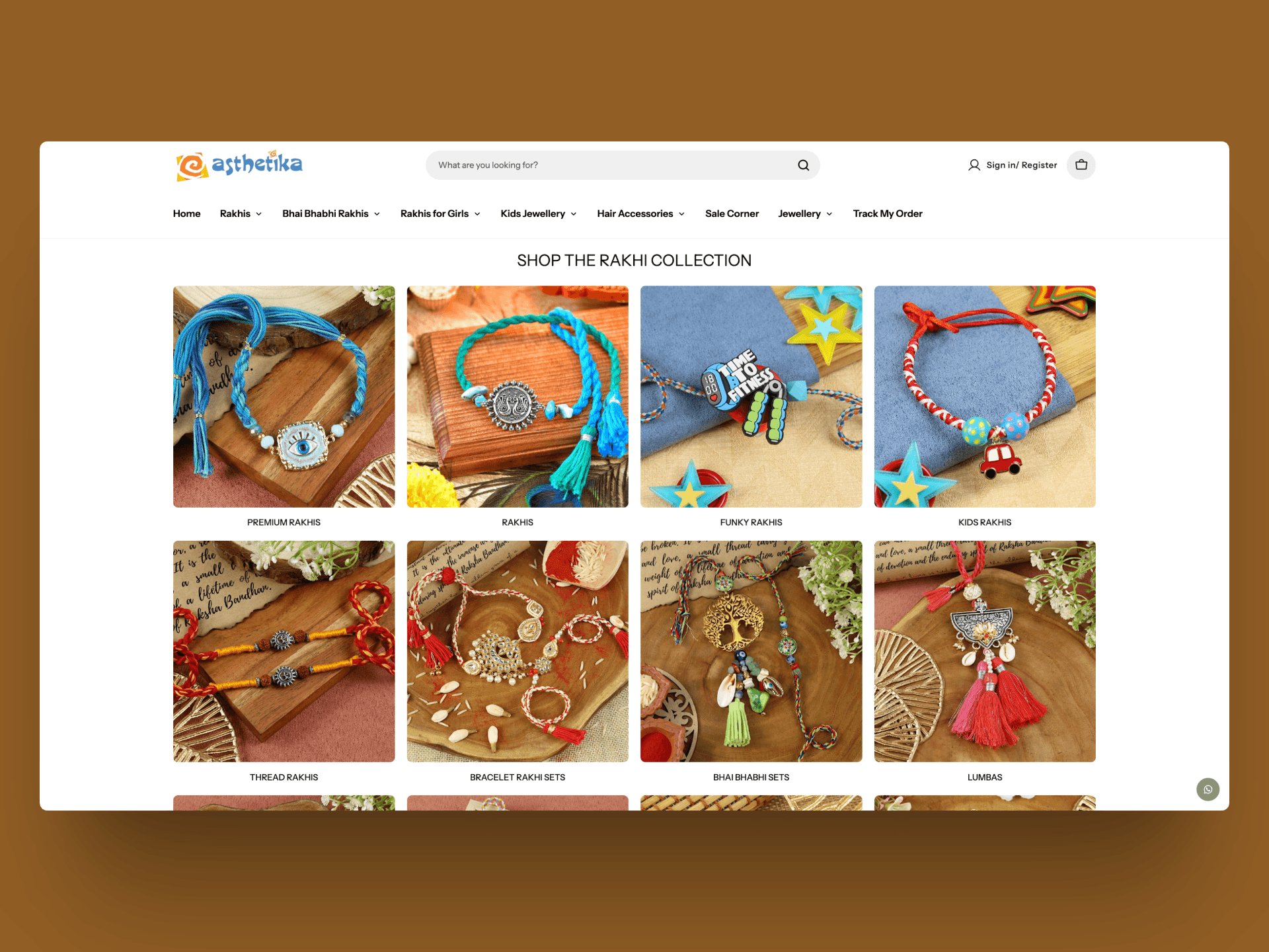 Aesthetika homepage categories for premium, funky, kids, and thread rakhis, bracelet sets, and lumbas
