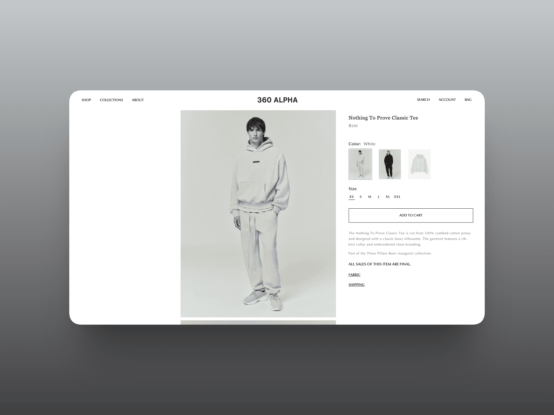 360 Alpha product page with large clothing photography, colour thumbnails, size options, and Add to Cart