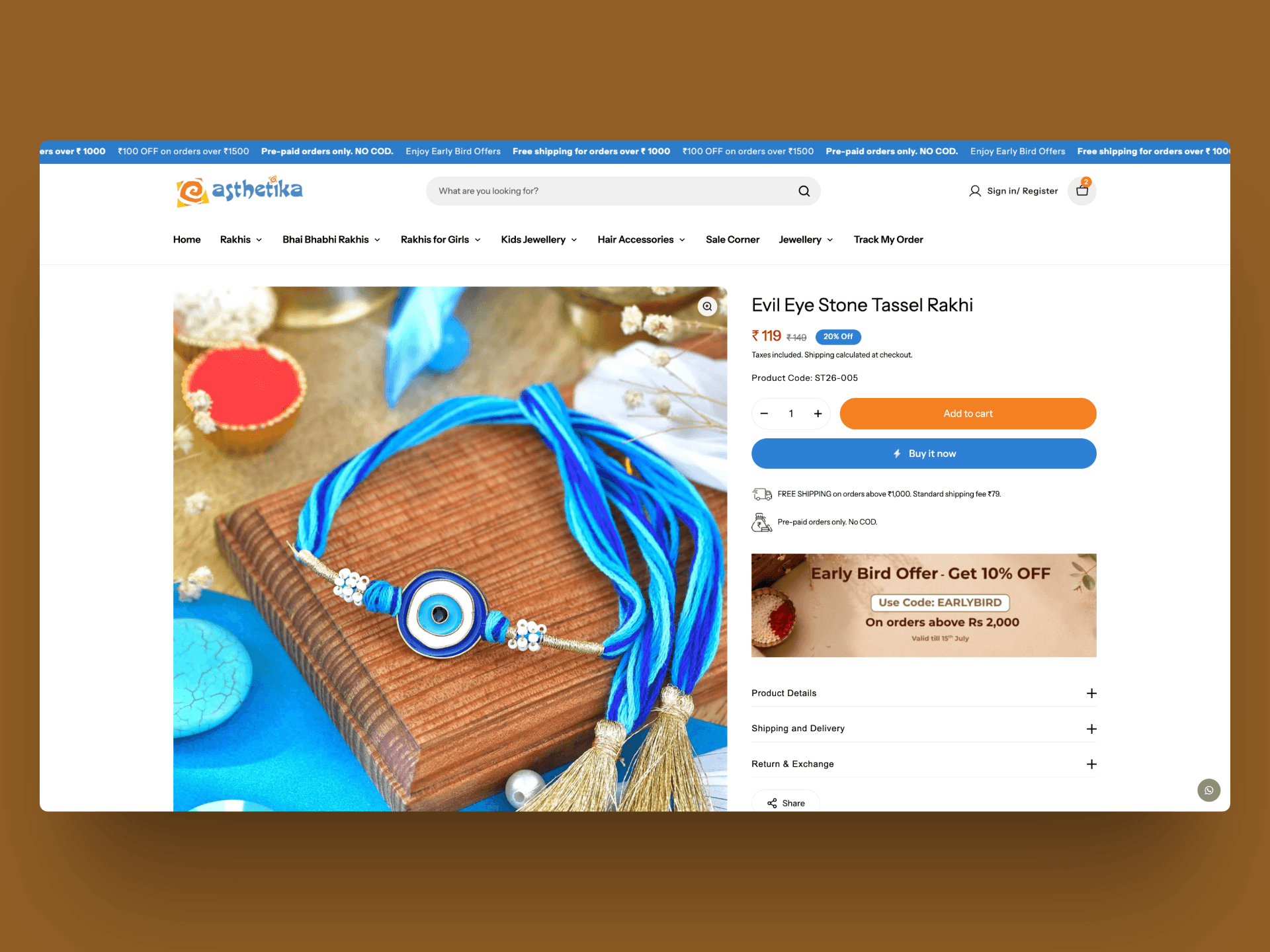 Aesthetika rakhi product page showing photography, pricing, quantity, purchase buttons, and expandable product details