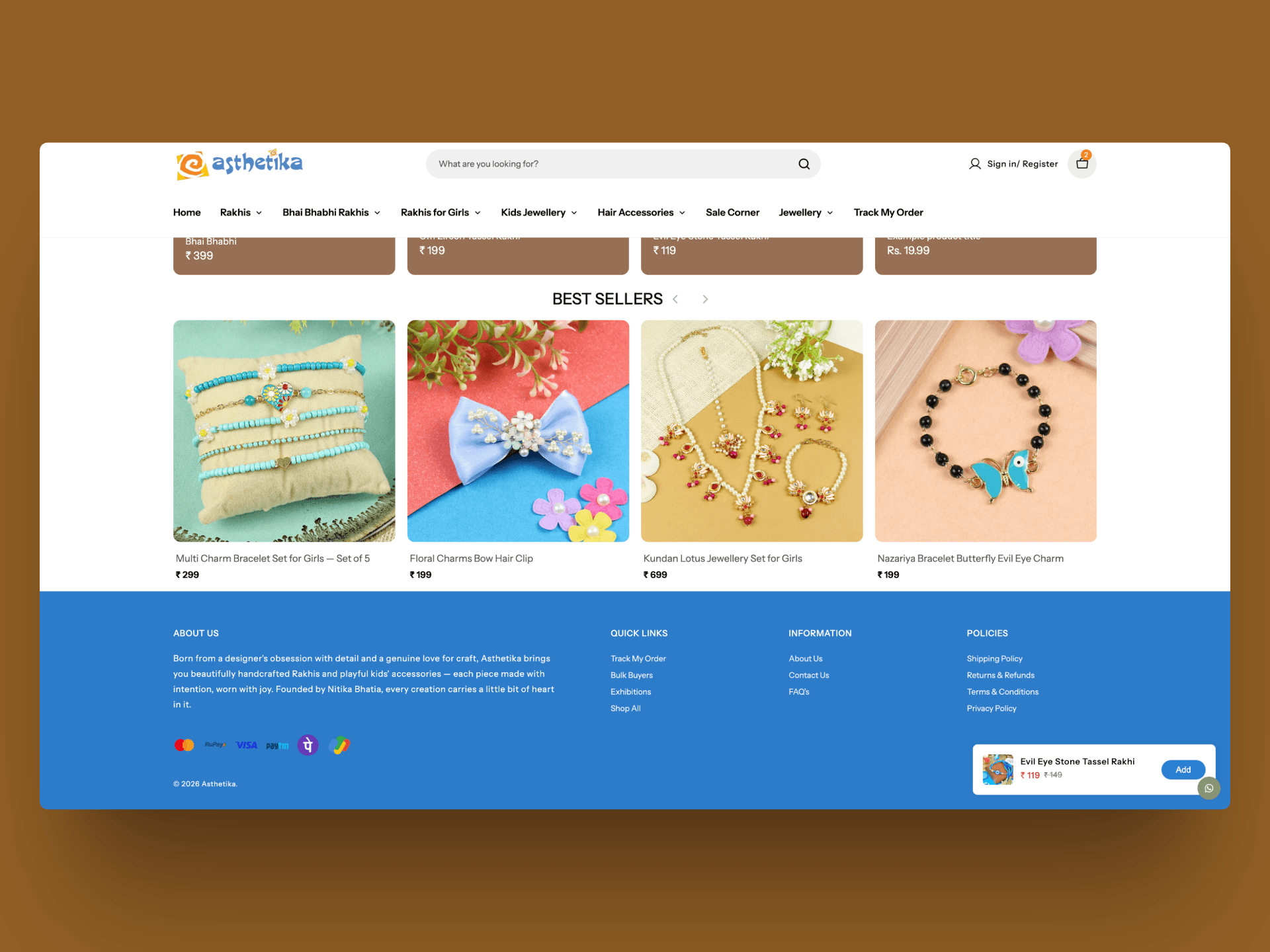 Aesthetika product page Best Sellers section and a compact Add button showing the selected rakhi