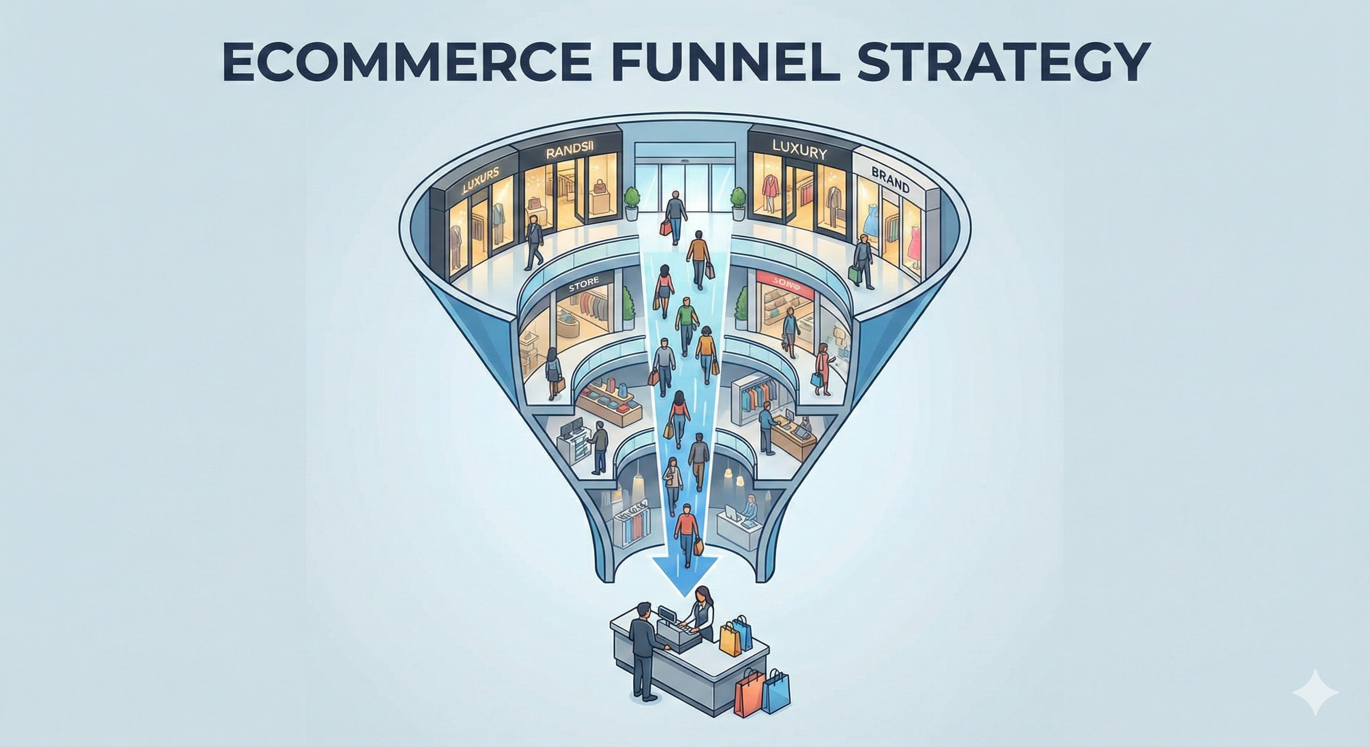 Ecommerce funnel strategy visualization showing customer journey from awareness to purchase